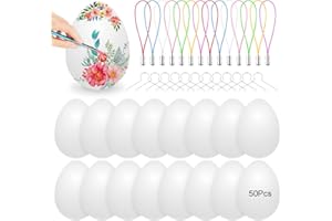 BLUELVES Jajka wielkanocne z tworzywa sztucznego, białe, 50 sztuk, 6 cm, dekoracyjne jajka z tworzywa sztucznego do majsterkowania, dekoracja wielkanocna, plastikowe jajka wielkanocne z zawieszką, do