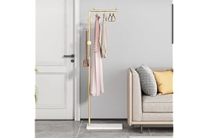 YENTAKE Kleiderständer aus Metall mit 3 Haken, Gold Garderobenständer mit Marmor-Grundplatte, Jackenständer für Kleider, Taschenständer für Wohnzimmer (Golden)