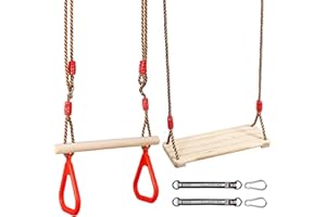 MEYUXG Altalena da Giardino, Altalena Legno per Interni ed Esterni, Sedile Altalena per Bambini Adulti, Sedili per Altalena con Corda Arrampicata Regolabile (Planke+ Anello Di Sospensione Rosso)