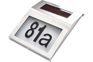 Hopelit Beleuchtete Hausnummer, Hausnummer Beleuchtet Solar mit 2 LED für Außen, Edelstahl Solar Hausnummernleuchte mit IP65 Wasserdicht und Dämmerungsschalter, Nummern 0-9 & Buchstaben a-h