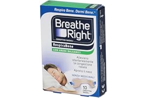 Breathe Right Cerottini Nasali Aromi Balsamici - Striscie Elastiche Apertura Narici con Mentolo, Eucalipto e Canfora - Allevia Congestione Nasale da Raffreddore, Allergie e Russamento - 10 Pezzi