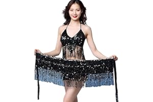 MORICES Belly Dance Skirt Hip Scarf, Sequin Tassel Belly Dancing Skirt Dance Hip Belt Latin Dance Hula Hip Scarf Performance Outfit for Women Girls