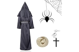 Ayizhiniu Costume da Monaco, Costume Monaco Medievale con Cappuccio, Monaco Frate Robe con Croce e Corda Vita, Sii Applicabile Costumi Cosplay di Carnevale di Halloween