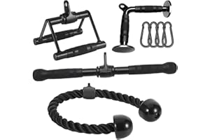 DYNASQUARE Cable Attachments for Home Gym, LAT Pulldown Equipment, Weight Machine Accessories, Straight Pull Down Bar, V Bar, Tricep Rope, Revolving Row Handle, Stirrup Handle