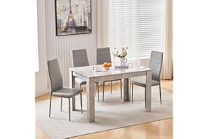 Homullel 5 Piece Dining Room Table and Chairs Set of 4 for Dining Room Kitchen, Modern Wooden Dining Table with 4 Chairs for Family Dinner Set (With 4Pcs Grey Leather Chairs, 120cm Grey Marble Table)