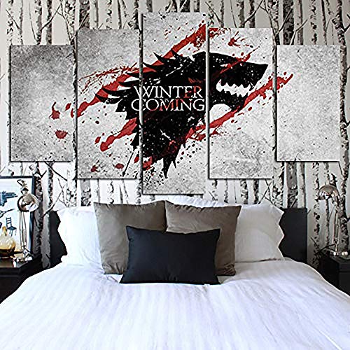 5 Pieces Wall Art Painting Canvas HD Prints Game of Thrones Ice Wolf Badge Pictures Poster Home Decor Abstract,B,30×50×2+30×70×2+30×80×1