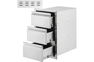 BuoQua Outdoor Kitchen Drawer 19 x 26 x 14.8 Inch Stainless Steel BBQ Island Storage Drawer with Chrome Handle Triple Access Drawer Flush Mount Sliver Double Access Drawer, Multicolour