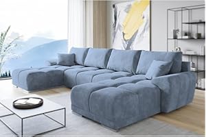 ‎ML FURNITURE LTD ML Furniture Velvet Ecksofa in U-Form – Blau Sofa – Couch mit Stauraum und Kissen - Ausziehbares Schlafsofa – Sofa mit Schlaffunktion - Schlafsofa mit Bettkasten – Gästebett – 365 x 189 cm