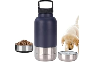 lopituwe Insulated Portable Dog Water Bottle with 2 Food Container 3 in 1 Stainless Steel Pet Drinking Bottle 1L Multifunctional Dog Travel Water Bowl For Outdoor, Travel, Walking, Hiking(Dark blue)