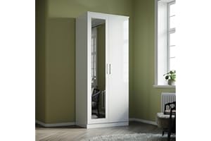 ELEGANT Modern High Gloss Soft Close 2 Doors Wardrobe with Mirror and Metal Handles Includes Removable Hanging Rod and Storage Shelves, White Bedroom Furniture Sets