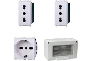 A2ZWORLD Kit Scatola Elettrica IP55, Completa Di Frutti Compatibile Con Vimar Plana, 4 Moduli 1 Presa Schuko P40 + 2 Prese Bipasso, Contenitore Con Coperchio, Da Muro Parete Esterno e Interno