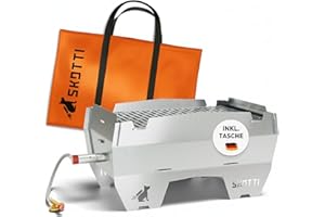 SKOTTI Grill Gas, Camping Grill Gas klein, Ideal für Camping, Festival oder Balkon, Gasgrill für Gaskartuschen, Kleiner faltbarer Campinggrill, Steckbarer Campingkocher für Grillen und Kochen
