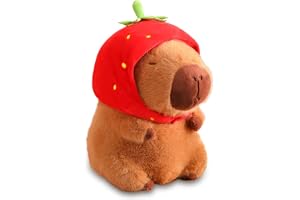VerLuky Capybara - Mjukisdjur i plysch - 23 cm - Motiv: tecknad Capybara - Med lock i jordgubbshuvud - Present för vuxna och barn