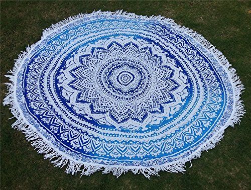 FuXing Runde Strand Handtuch mit Quaste, Böhmen Stil Kann als Tapisserie, Strand Decke, Strand-Schal, Bettwäsche Tagesdecke, Zigeuner Wandbehang, Runde Tischdecke, Deko-Wandbehang, Runder Meditations-Yogamatte, 59 Zoll Durchmesser (Blau)