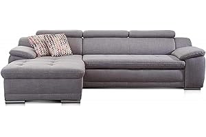 ‎CAVADORE Cavadore Ecksofa Aniamo mit XL-Longchair links / Eckcouch mit Kopfteilfunktion im modernen Design / Sitzecke für Wohnzimmer / Größe: 270 x 80 x 165 cm (BxHxT) / Bezugsstoff in grau