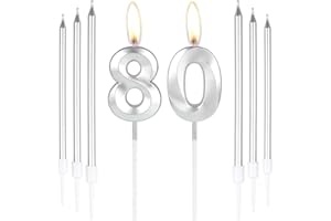 mciskin Silver 80 Birthday Candles-3D Number 80 Candle for Cake with 6pcs Long/Thin Candles Set,Silver Cake Topper for Women Men 80th Birthday Decorations Supplies,80th Wedding Anniversary Décor
