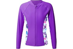 Mufeng Maillot Anti-UV à Manches Longues pour Enfant Rashguard Protection Solaire Haut Maillot de Bain Fille Été Natation Plongée 5-16 Ans