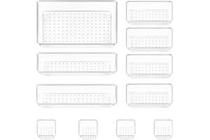 Strehknewen Lot de 11 Bacs de Rangement Tiroir – Organiseurs Tiroirs en Plastique Transparent avec 4 Tailles – Boîtes de Rangement Empilables pour Maquillage, Bureau, Salle de Bain, Cuisine