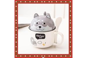 Xfeyaqlo Kubek do kawy, kubek na sok, śliczny kubek z kreskówek o dużej pojemności, kreatywna pokrywka z podwójnym zastosowaniem, ceramiczny kubek z łyżeczką (Husky)