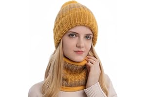 Adicloz Bonnet Echarpe Femme Hiver, Laine Bonnet Femme Hiver Pompom, Cache Cou Polaire Hiver Chaud, Doublure Molleton Doux Chapeau et Foulard Chic pour Hiver Cadeau