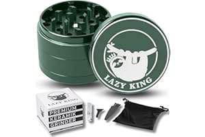 LAZY KING Premium Keramik Grinder Crusher - 63 mm, 4-teilig - Set mit Reinigungsbürste, Glasfilter Tragetasche, Pollen Scraper - Kräutermühle mit Nano Keramik Beschichtung (Grün)