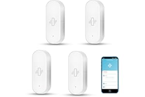 SENCKIT Sensor de vibración Inteligente: Detector de Rotura de Vidrio inalámbrico, Alarma de Puerta WiFi con alertas de aplicación, sensibilidad Ajustable, Sensor de Seguridad para Sistema de Alarma -4Pack