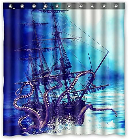 Custom Pirate Ship Octopus Waterproof Polyester Shower Curtain Bathroom Deco 66x72 inches