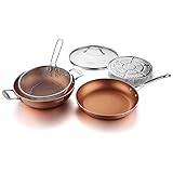 Amazon Brand – Eono Pan Set -Non Stick Induction Hob Copper Frying Pan Set for Cooking and Deep Frying with Steaming Rack Bas