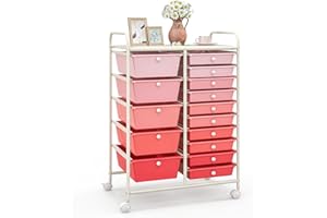 COSTWAY Carrello con 15 Cassetti Impilabili, Carrello di Stoccaggio con Ruote, Carello Portaoggetti per Casa e Ufficio, 63 x 37 x 87 cm (Rosa)