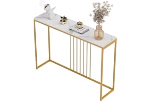 FATIVO Smukły stół konsolowy przedpokój: biały marmurowy blat konsole biurko długie 120 cm wysoki połysk efekt spiekanego kamienia marmuru i złota rama wąska wysoka nowoczesna sofa stoliki boczne