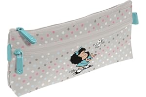 GRAFOPLAS Grafoplás - Estuche Mafalda Bird, Plano, 2 Bolsillos, 23x10cm, Compartimentos con Cremallera, Tiradores Fácil Apertura, Material Escolar y como Regalo