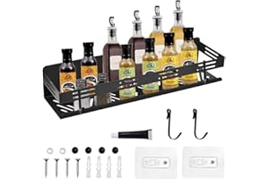 CAREDGO Organizador de Especias de Pared y 1 Perchero de Pared Adhesivo Estante Adhesivo para Especias de Cocina Especiero de Pared de Acero Inoxidable Negro Balda para Especias de Pared