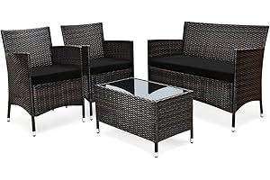 GIANTEX Salon de Jardin Extérieur 4 Personnes, Ensemble de Meubles en Rotin PE, Mobilier de Jardin avec Coussins et Table Basse en Verre, Charge 160-320KG (Marron+Noir)