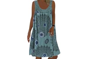 Minetom Dentelle Robe Été Femme de Plage Rétro Robes Col Rond Robes au Genou sans Manches Imprimé Floral Casual Tuniques Ample