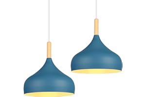iDEGU Lot de 2 Lustre Suspension Rétro 24CM Suspension Luminaire Moderne Style Scandinave Plafonnier E27 Métal Bois Lampe Suspension pour Chambre Salle à Manger Cuisine Salon (2 Pack Bleu Oxford)