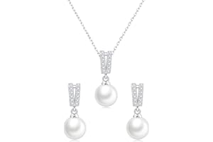 Huacan Schmuck Set Damen 925 Sterling Silber Ohrringe mit Perlen Anhänger Halskette Süßwasser-Zuchtperle Pendant Schmuckset CZ Geschenke Für Braut Brautjungfer Hochzeit