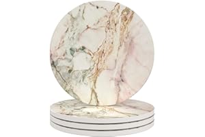 Haocoo Round Drink Coasters set of 4 - Absorbent Stone Coaster Set with Cork Base and Ceramic Stone, Decorative Cup Coasters for Kinds of Mugs and Cups…(Pink Marble)