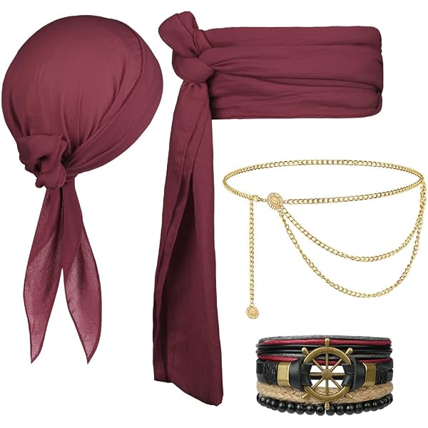 Accessoires Déguisement Pirate 5 Pièces - Bandana, Ceinture, Cache-œil, Boucle D'oreille, Collier - Homme/femme, Halloween, Fête - 13