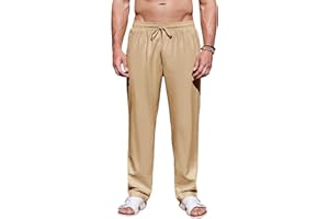 Runcati Męskie spodnie lniane, długie, lekkie, luźne, letnie, wygodne spodnie rekreacyjne ze sznurkiem
