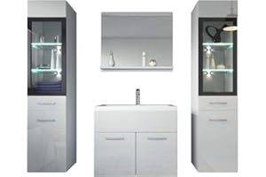 BADPLAATS B.V. Badezimmer Badmöbel Set Rio XL LED 60cm Waschbecken Hochglanz Weiß Fronten - Unterschrank 2X Hochschrank Waschtisch Möbel