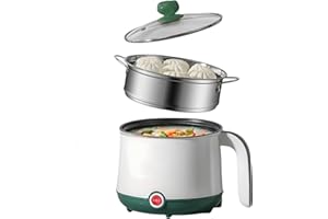PORFOYO Mini Cuiseur Antiadhésif, 1.8 L Cocotte Électrique, Marmite Portable, Mini Cuiseur Portable Pour Steak, Pâtes, Œufs, Avoine, Ramen, Avec Cuiseur Vapeur Vert(Blanc + Vert)