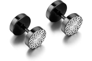 Flongo Men's Earrings 8 mm Stainless Steel Women's Stud Earrings Petals Cross Smile Flowers Maple Leaf Star Tai Chi Fake Plugs Tunnel Men Piercing Screw Closure Black Silver Gold