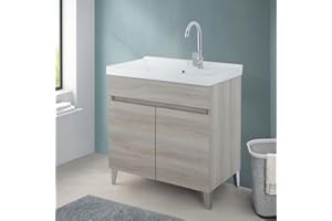 INBAGNO Mobile Lavatoio 79x46,8 Cm Rovere Grigio Con Vasca In Ceramica Dotata Di Zona Strofinatoio, Struttura Già Montata In Legno Nobilitato Con 2 Ante Apribili A Gola