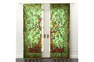 SOPHIA-ART Sophia Art Cortina india cortina cortina Panel transparente Árbol de la Vida Mandala Bohemia 2 PC cortina tratamiento ventana puerta colgante decoración (verde)