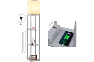 ‎DEANIC DEANIC Stehlampe Wohnzimmer mit Regal, LED Stehlampen für Schlafzimmer mit 3 Farblich Einstellbaren Glühbirne, Büro Stehleuchte mit 2 USB-Ladeanschlüssen, Lampenfassung E27 (Grau)