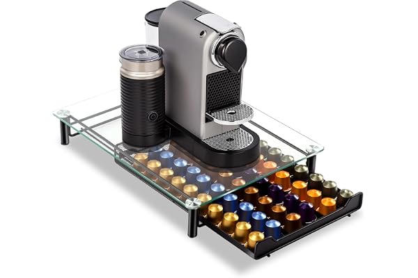 Masthome Tiroir de Rangement pour 60 Capsules Nespresso, Porte Dosette de Café avec Présentoir en Verre, Présentoir Distributeur Tiroir en Maille de Plateau Stockage pour Nespresso