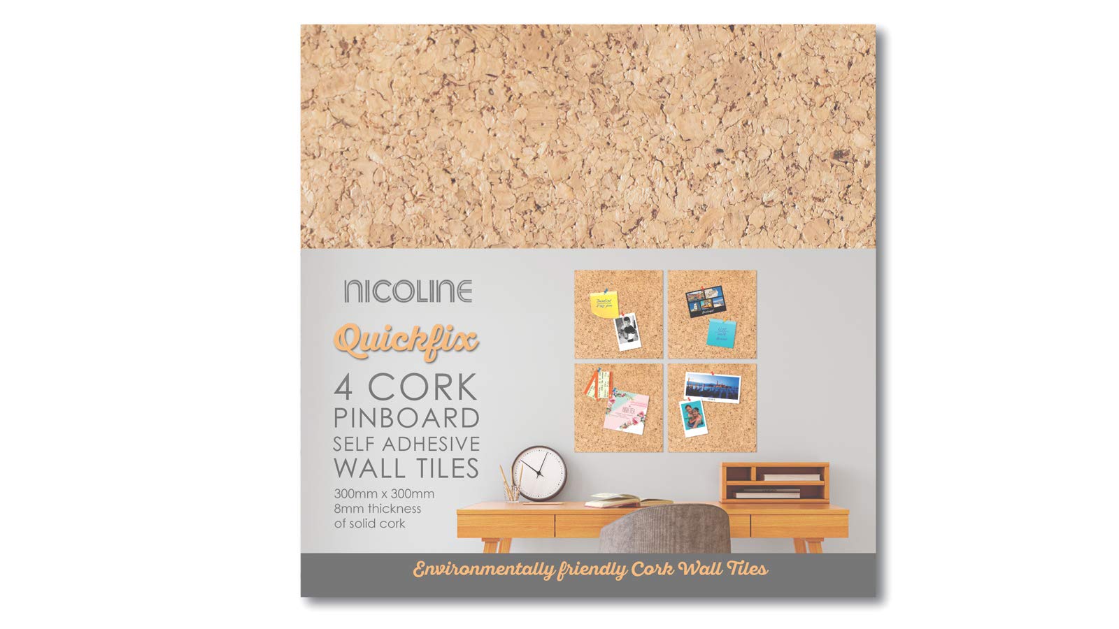 Nicoline PB-SA/W Self Adhesive Cork Pin Board Tiles - Noticeboard Messages - 4 Pack, Light Brown, 30 x 30 centimetres