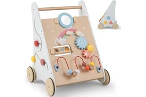 Maxmass 7 in 1 Baby Walker, Wooden Learning Walkers with Wheels, Mirror, Rotary Gears, Maze, Flip Blocks, Shapes Sorter, Tracking & Beads Game, First Steps Toddler Walker for 1 Year Old+