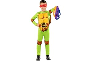 Funidelia Disfraz Oficial de Las Tortugas Ninja para Niño y Niña con mono, caparazón y 4 máscaras, Traje de Ninja Infantil, Disfraces de Carnaval, Halloween y Fiestas – Talla 5-6 años