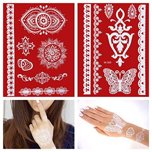 Set Of 2 - Flash White Lace Henna Tattoos set white Hand Fingers temporary Tattoo W299+305